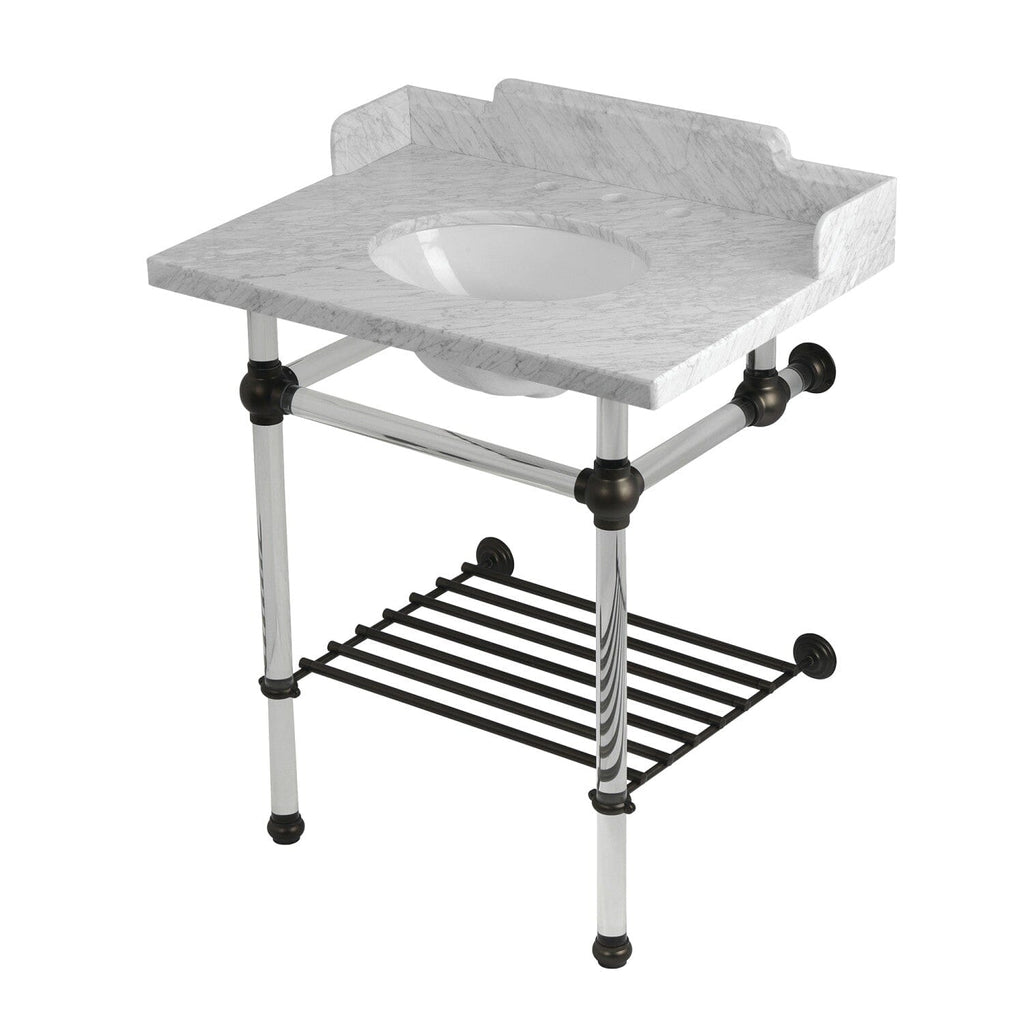Pemberton 30-Inch Carrara Marble Console Sink with Acrylic Legs and Shelf (8-Inch, 3-Hole)