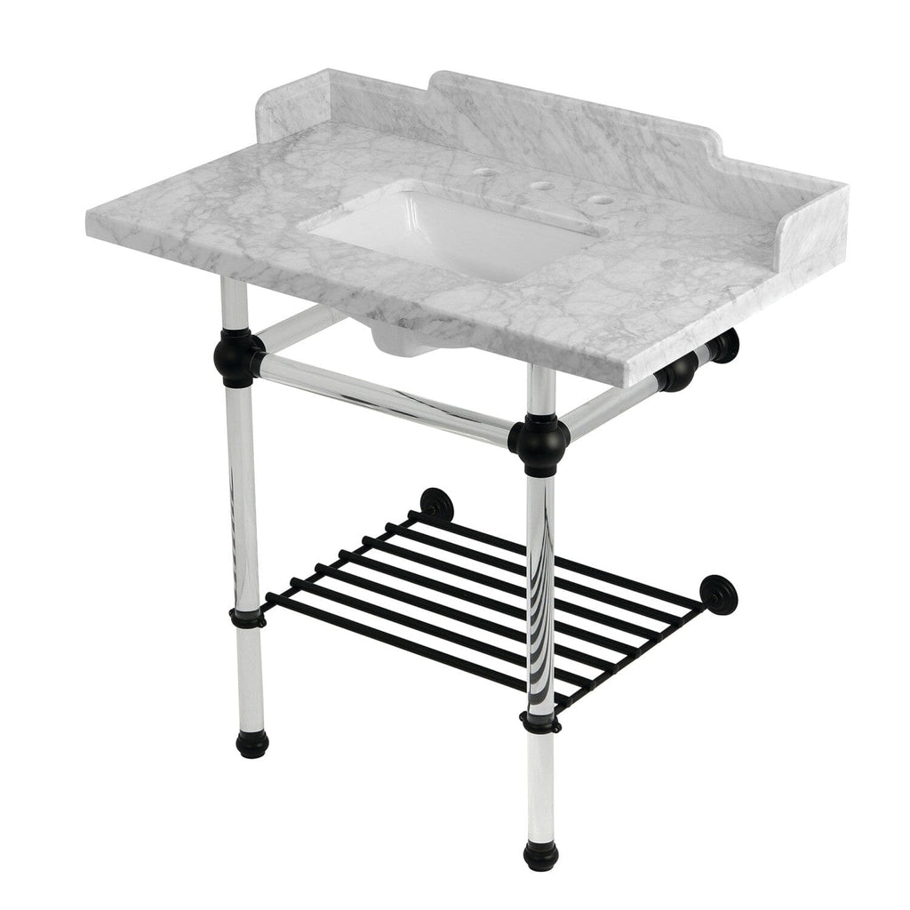 Pemberton 36-Inch Carrara Marble Console Sink with Acrylic Legs and Shelf (8-Inch, 3-Hole)