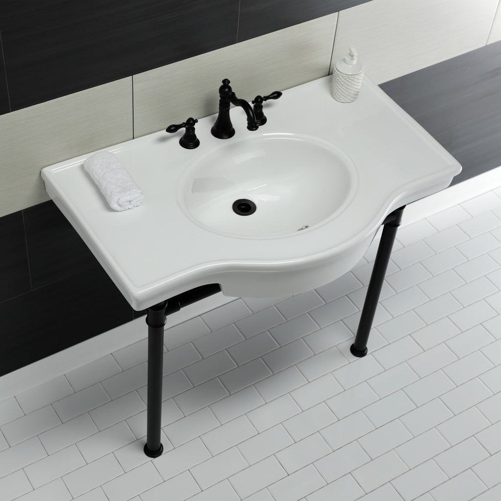 Templeton 37-Inch Ceramic Console Sink with Stainless Steel Legs (8-Inch, 3-Hole)