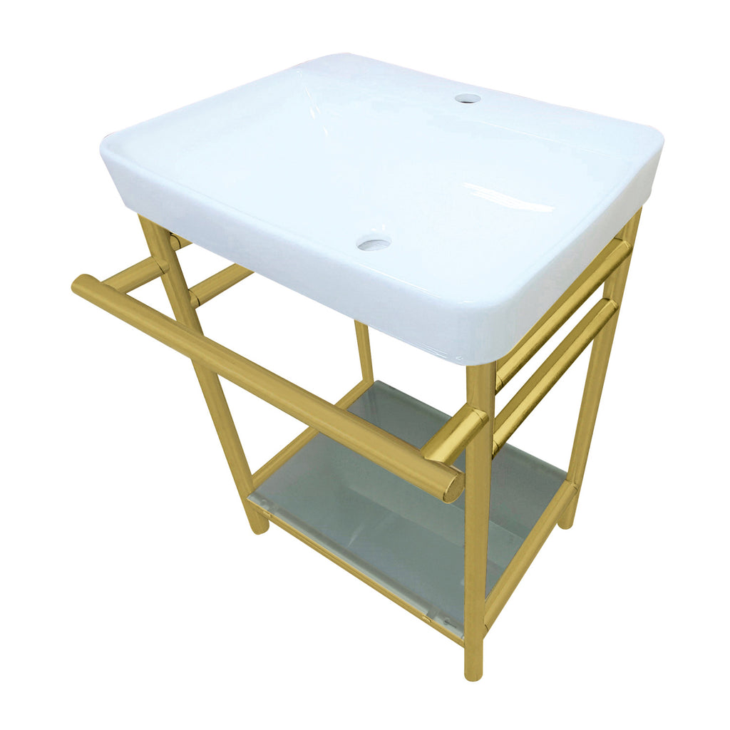 Sheridan 23-Inch Ceramic Console Sink with Stainless Steel Legs and Glass Shelf (1-Hole)