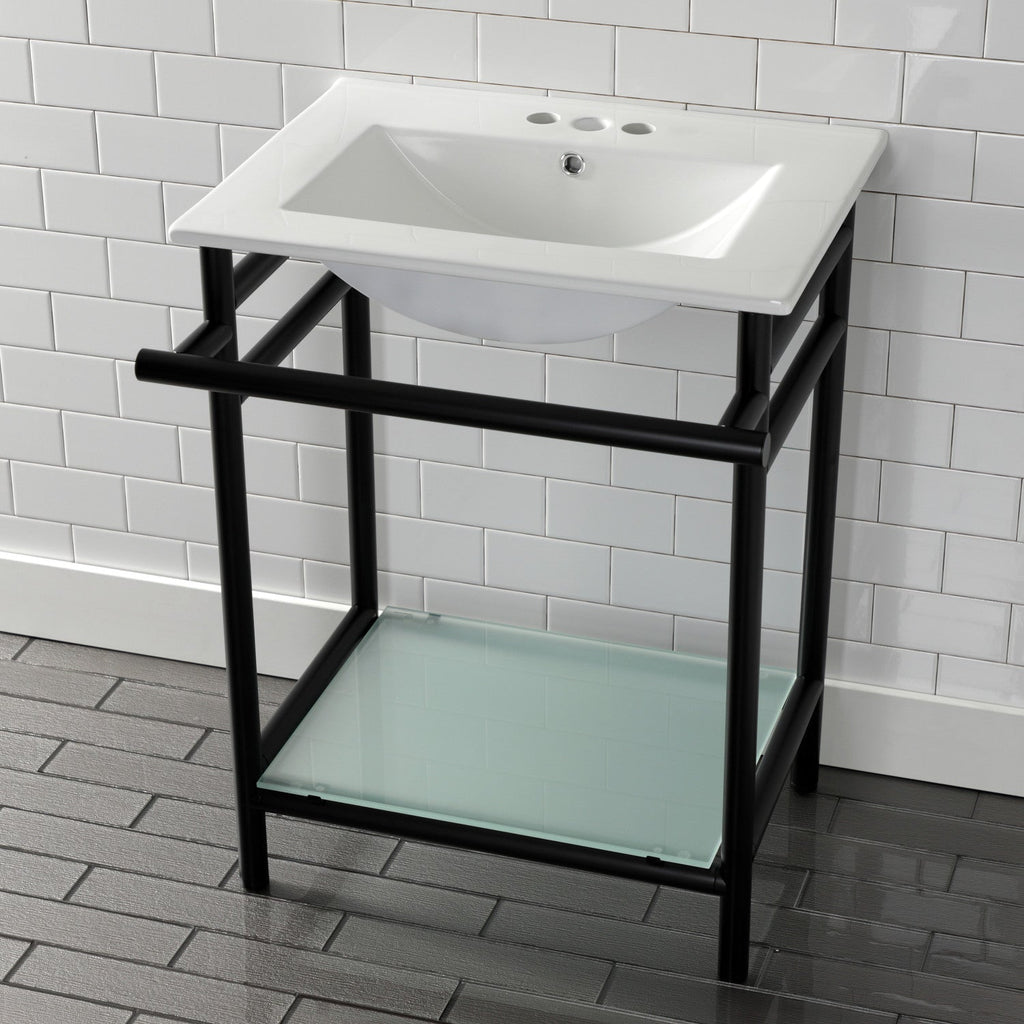 Sheridan 24-Inch Ceramic Console Sink with Stainless Steel Legs and Glass Shelf (4-Inch, 3-Hole)