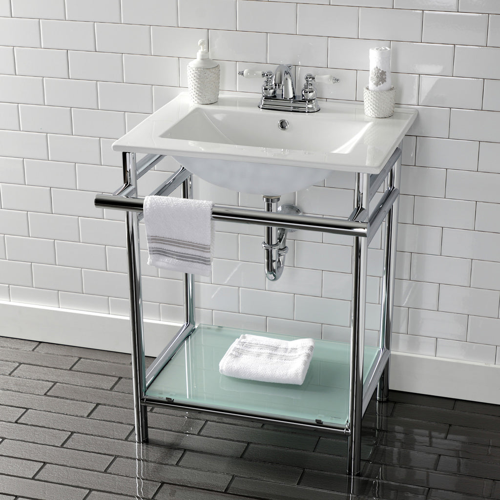 Sheridan 24-Inch Ceramic Console Sink with Stainless Steel Legs and Glass Shelf (4-Inch, 3-Hole)
