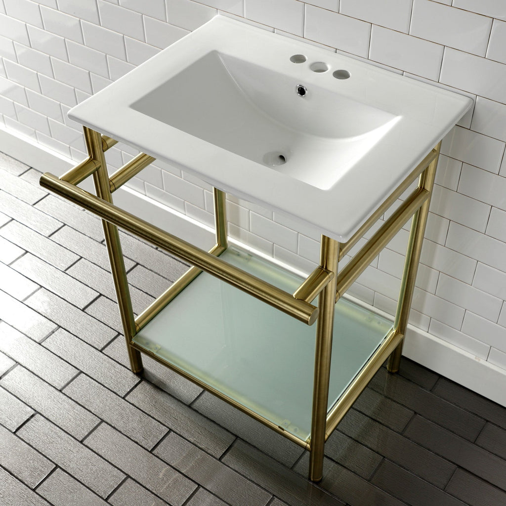 Sheridan 24-Inch Ceramic Console Sink with Stainless Steel Legs and Glass Shelf (4-Inch, 3-Hole)
