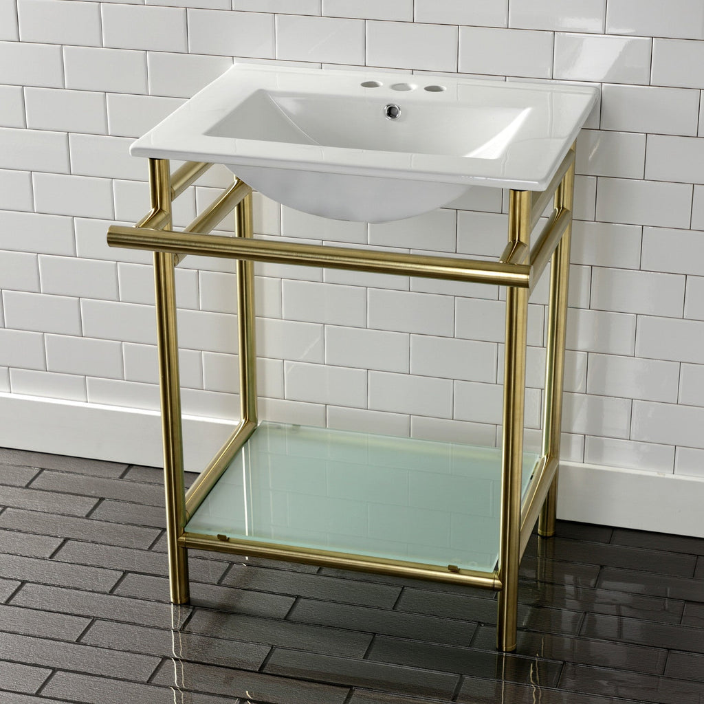 Sheridan 24-Inch Ceramic Console Sink with Stainless Steel Legs and Glass Shelf (4-Inch, 3-Hole)