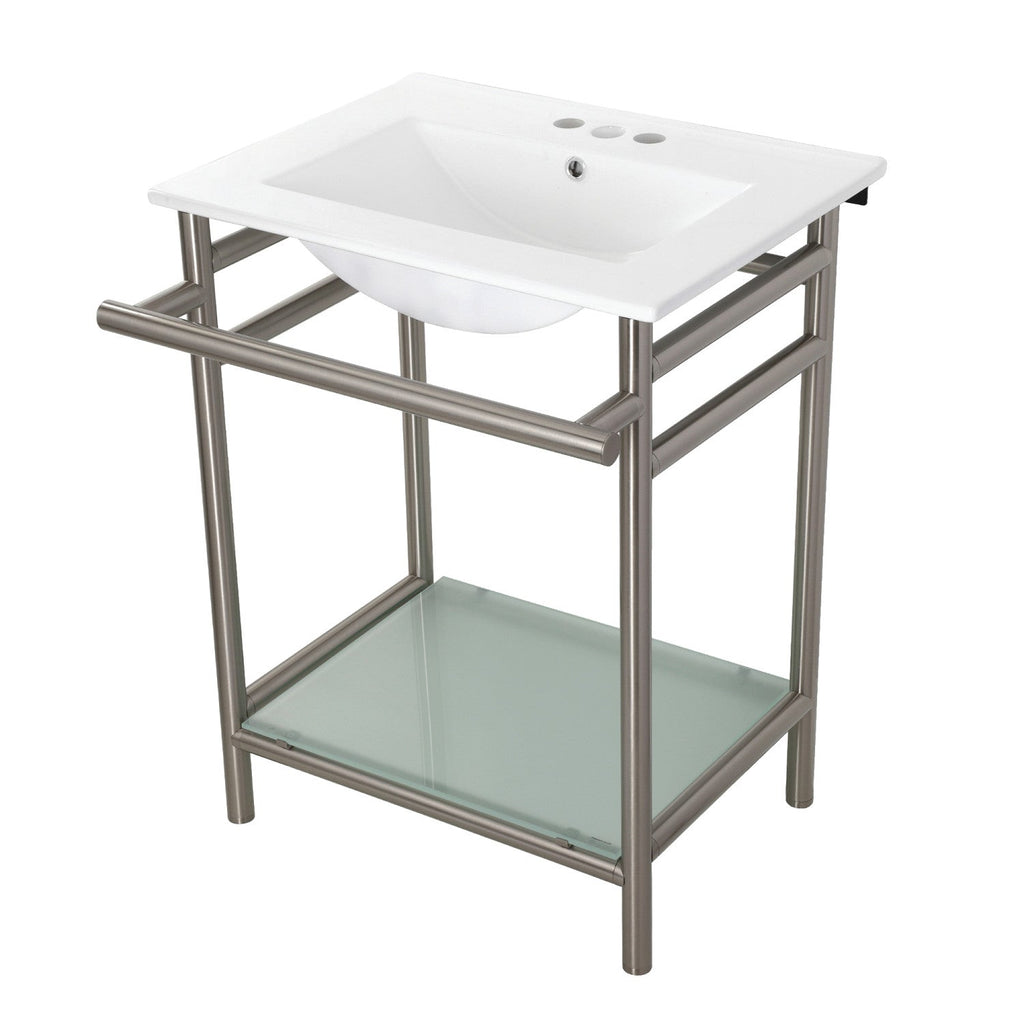 Sheridan 24-Inch Ceramic Console Sink with Stainless Steel Legs and Glass Shelf (4-Inch, 3-Hole)