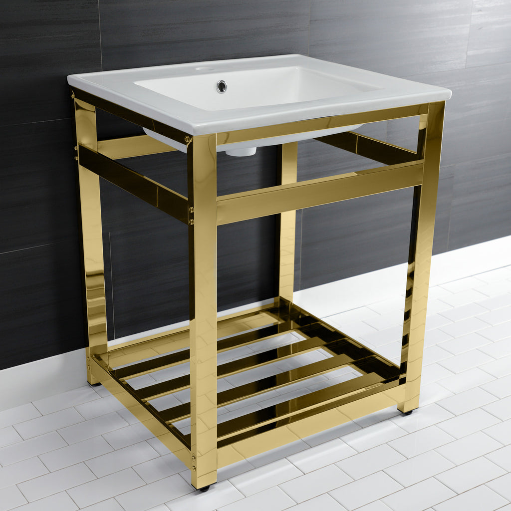 Quadras 25-Inch Ceramic Console Sink with Steel Base and Shelf (1-Hole)