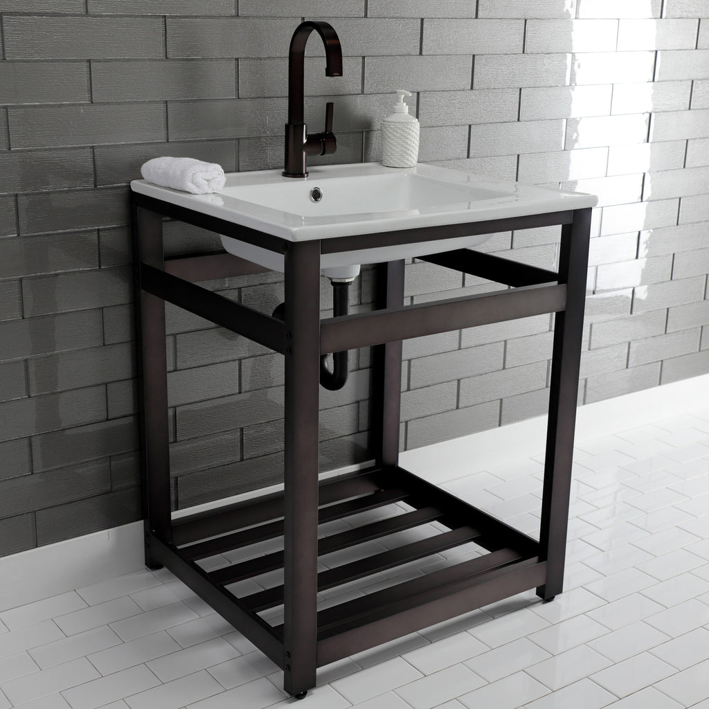 Quadras 25-Inch Ceramic Console Sink with Steel Base and Shelf (1-Hole)