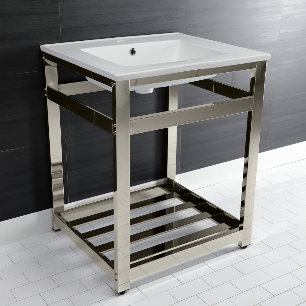 Quadras 25-Inch Ceramic Console Sink with Steel Base and Shelf (1-Hole)