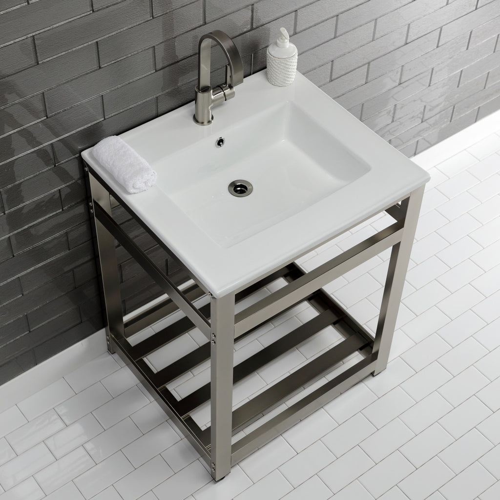 Quadras 25-Inch Ceramic Console Sink with Steel Base and Shelf (1-Hole)
