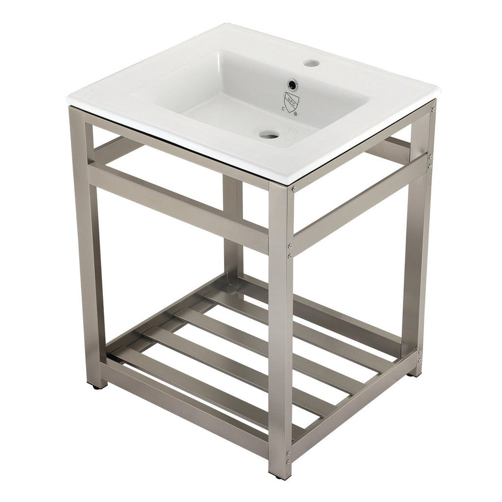 Quadras 25-Inch Ceramic Console Sink with Steel Base and Shelf (1-Hole)