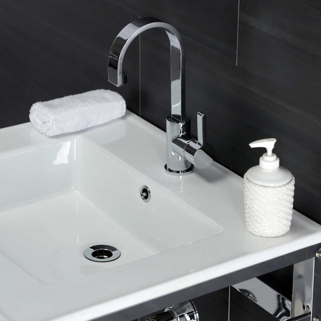 Quadras 25-Inch Ceramic Console Sink with Steel Base and Glass Shelf (1-Hole)
