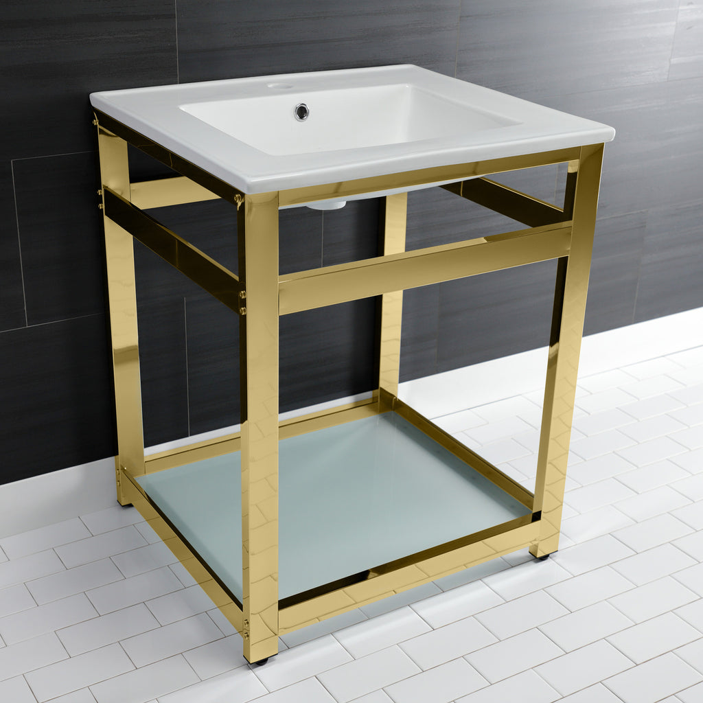 Quadras 25-Inch Ceramic Console Sink with Steel Base and Glass Shelf (1-Hole)