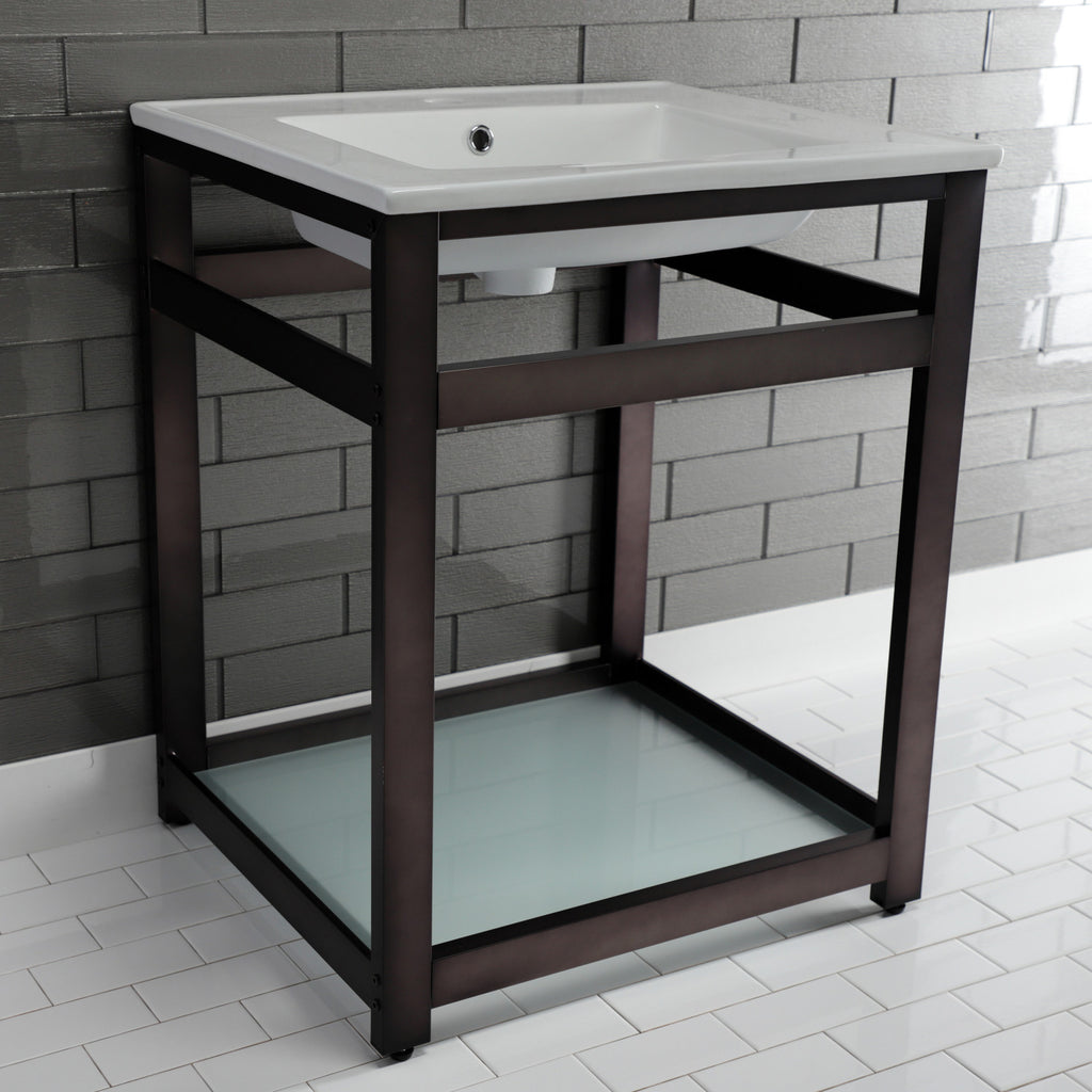 Quadras 25-Inch Ceramic Console Sink with Steel Base and Glass Shelf (1-Hole)