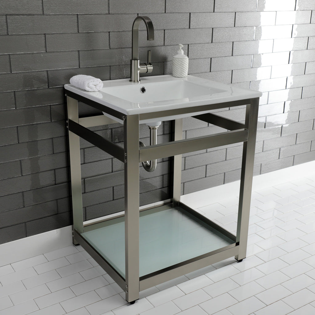 Quadras 25-Inch Ceramic Console Sink with Steel Base and Glass Shelf (1-Hole)