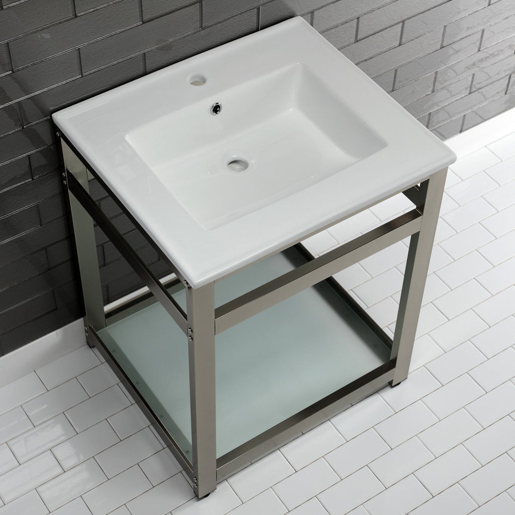 Quadras 25-Inch Ceramic Console Sink with Steel Base and Glass Shelf (1-Hole)
