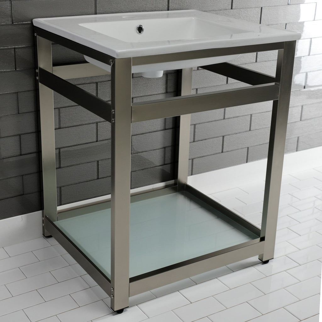 Quadras 25-Inch Ceramic Console Sink with Steel Base and Glass Shelf (1-Hole)