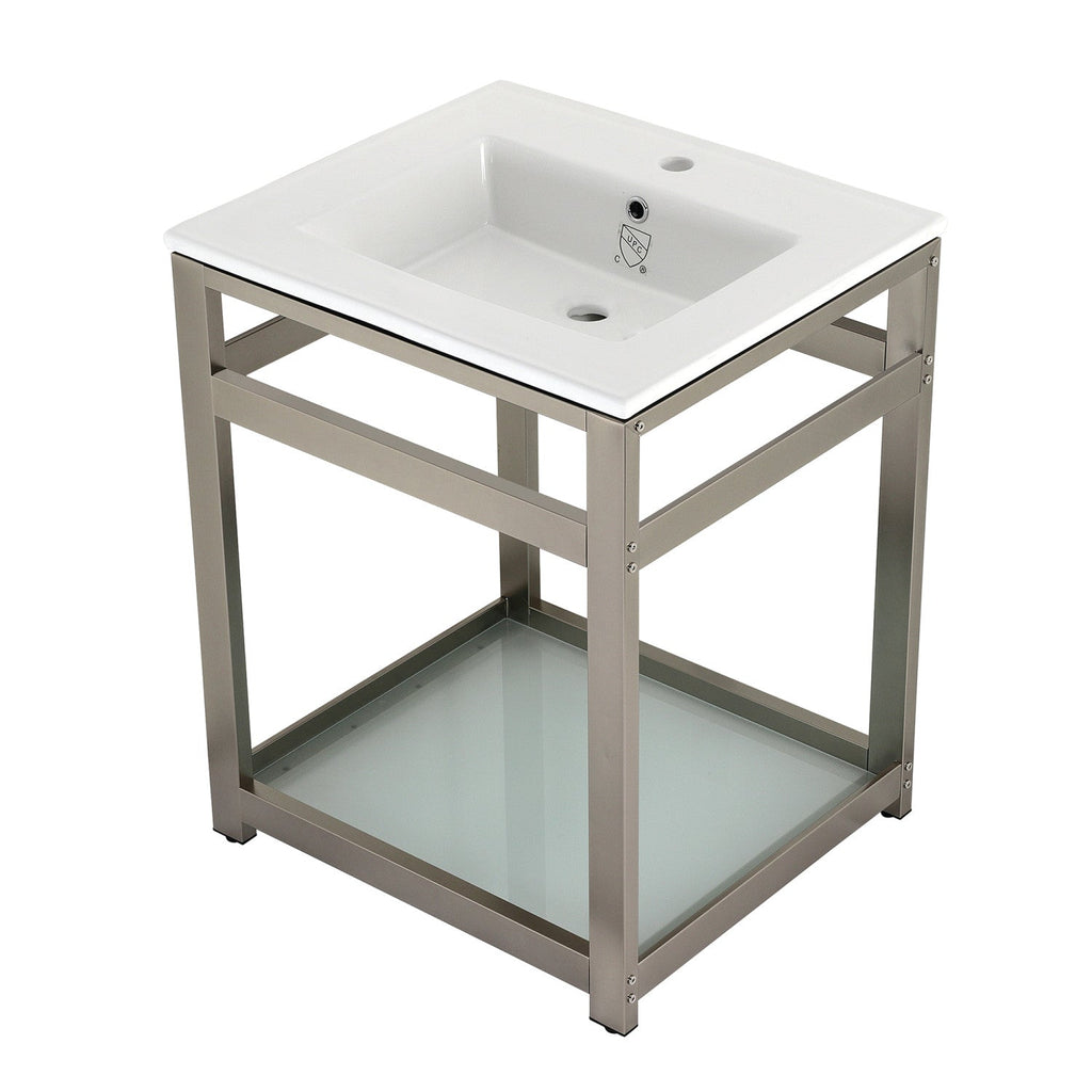 Quadras 25-Inch Ceramic Console Sink with Steel Base and Glass Shelf (1-Hole)