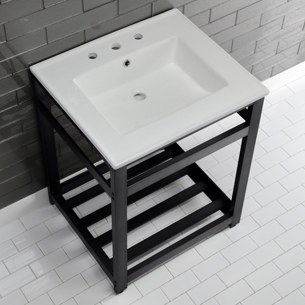 Quadras 25-Inch Ceramic Console Sink with Steel Base and Shelf (8-Inch, 3-Hole)