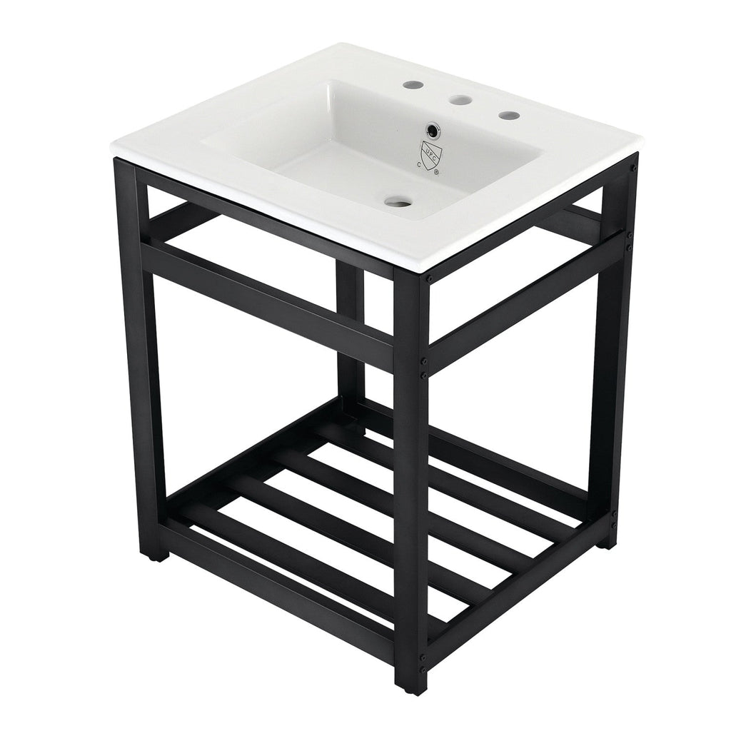 Quadras 25-Inch Ceramic Console Sink with Steel Base and Shelf (8-Inch, 3-Hole)