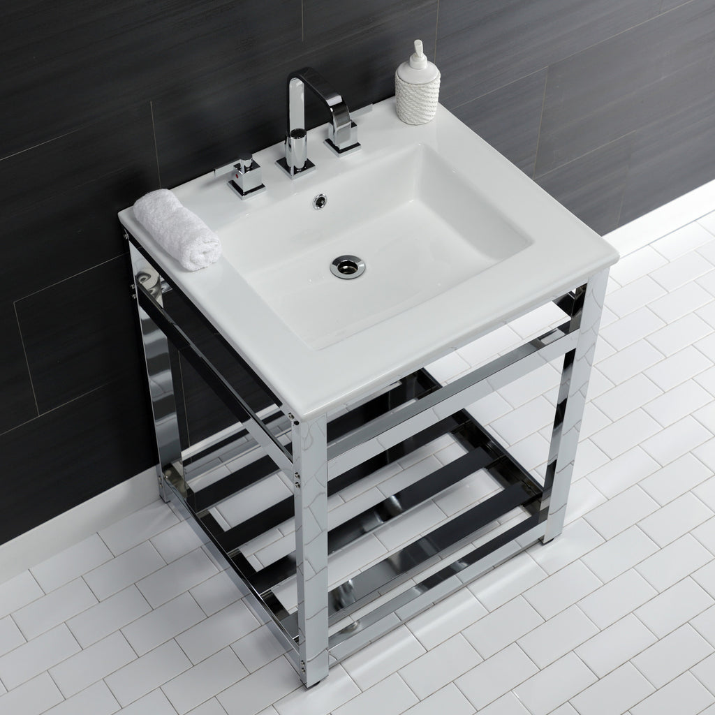 Quadras 25-Inch Ceramic Console Sink with Steel Base and Shelf (8-Inch, 3-Hole)