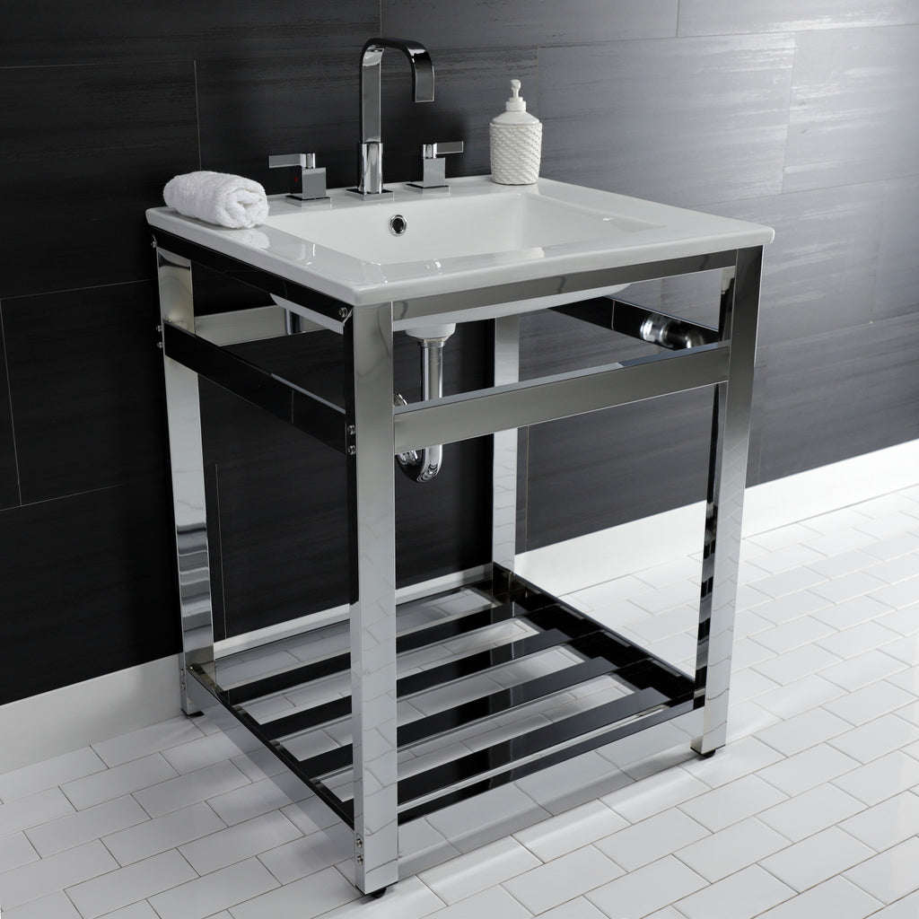Quadras 25-Inch Ceramic Console Sink with Steel Base and Shelf (8-Inch, 3-Hole)
