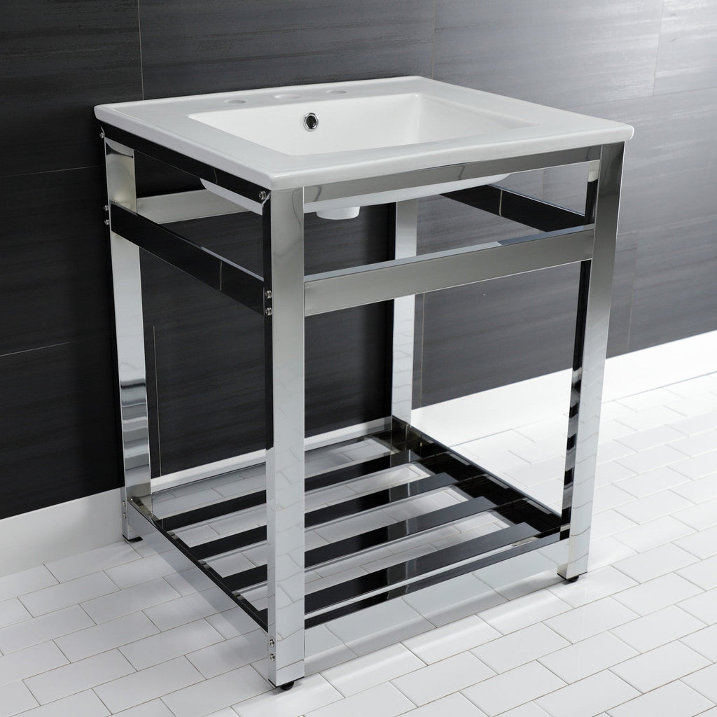 Quadras 25-Inch Ceramic Console Sink with Steel Base and Shelf (8-Inch, 3-Hole)