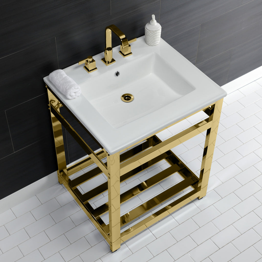 Quadras 25-Inch Ceramic Console Sink with Steel Base and Shelf (8-Inch, 3-Hole)