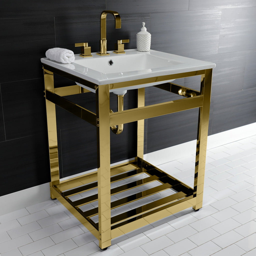 Quadras 25-Inch Ceramic Console Sink with Steel Base and Shelf (8-Inch, 3-Hole)