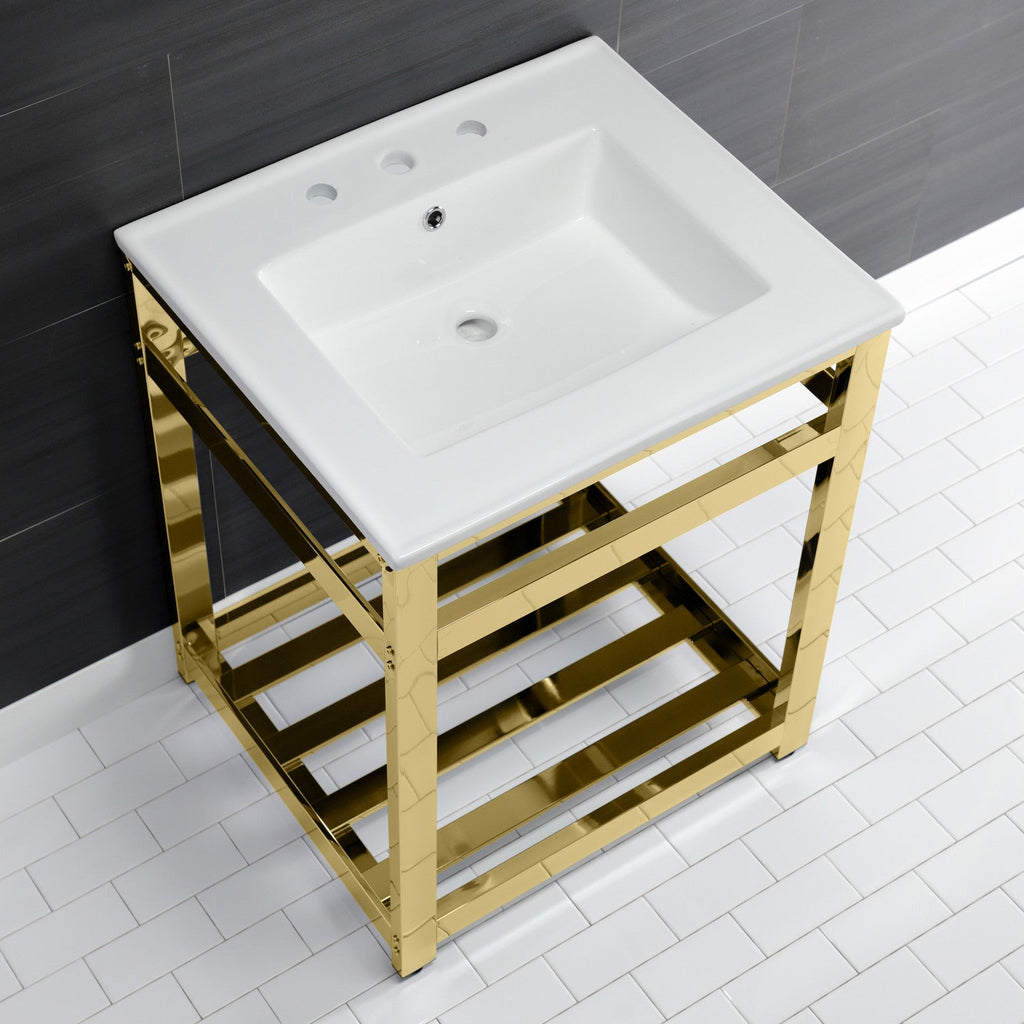 Quadras 25-Inch Ceramic Console Sink with Steel Base and Shelf (8-Inch, 3-Hole)