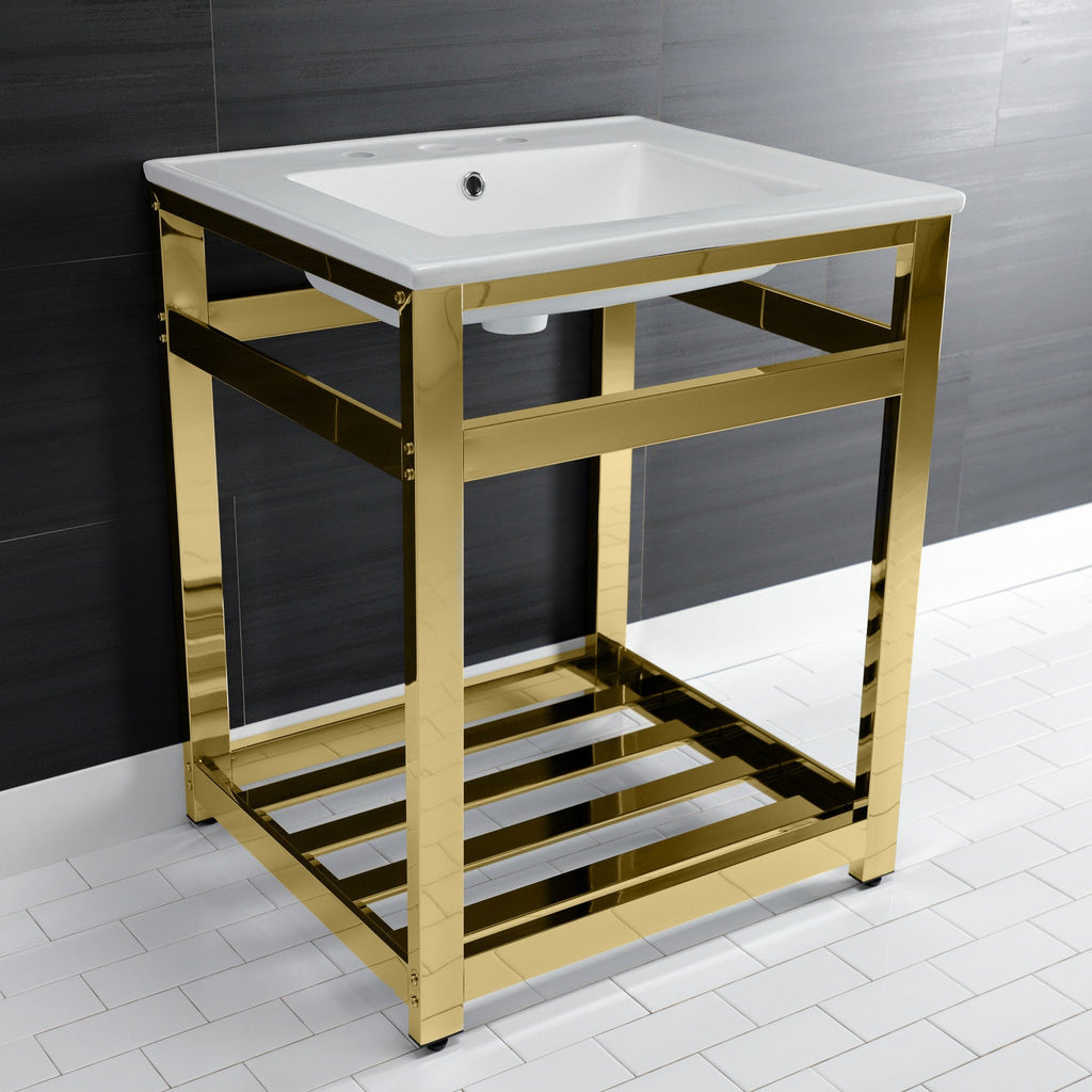 Quadras 25-Inch Ceramic Console Sink with Steel Base and Shelf (8-Inch, 3-Hole)