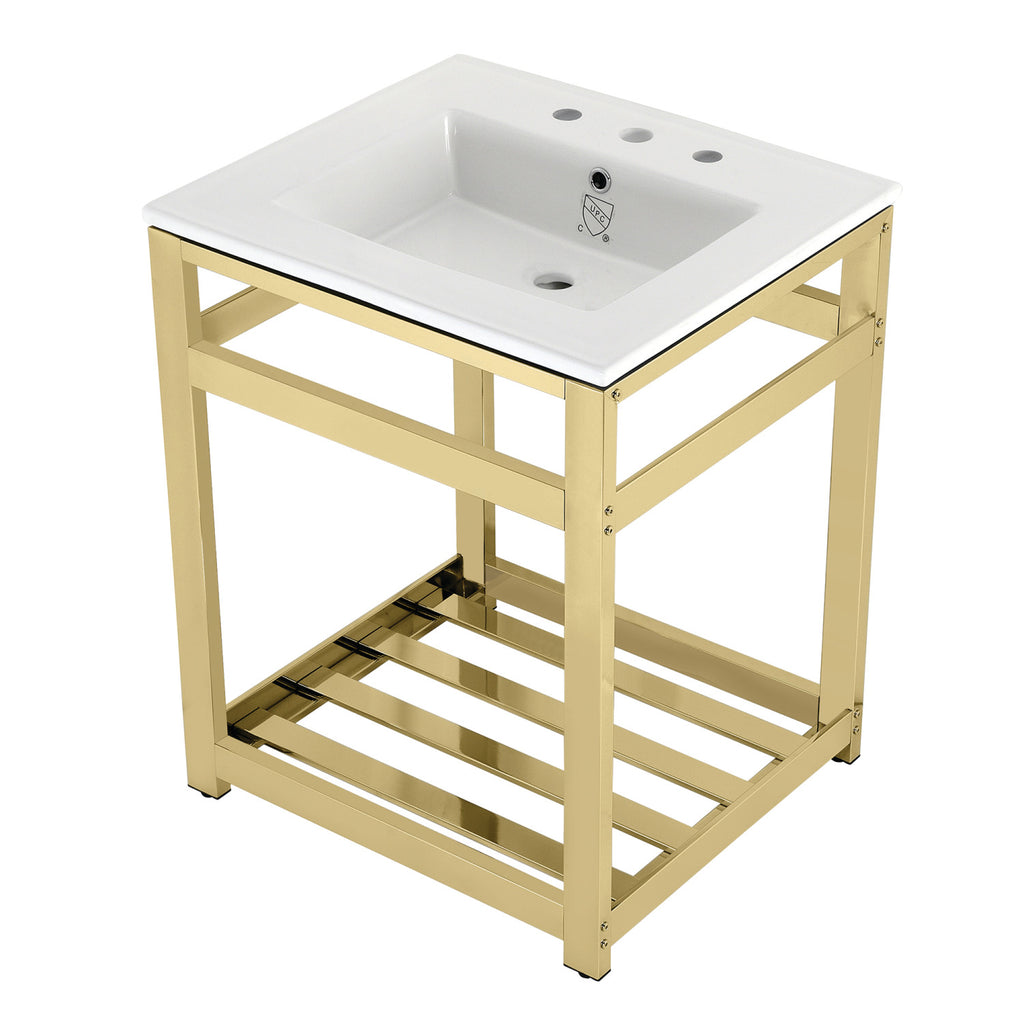Quadras 25-Inch Ceramic Console Sink with Steel Base and Shelf (8-Inch, 3-Hole)