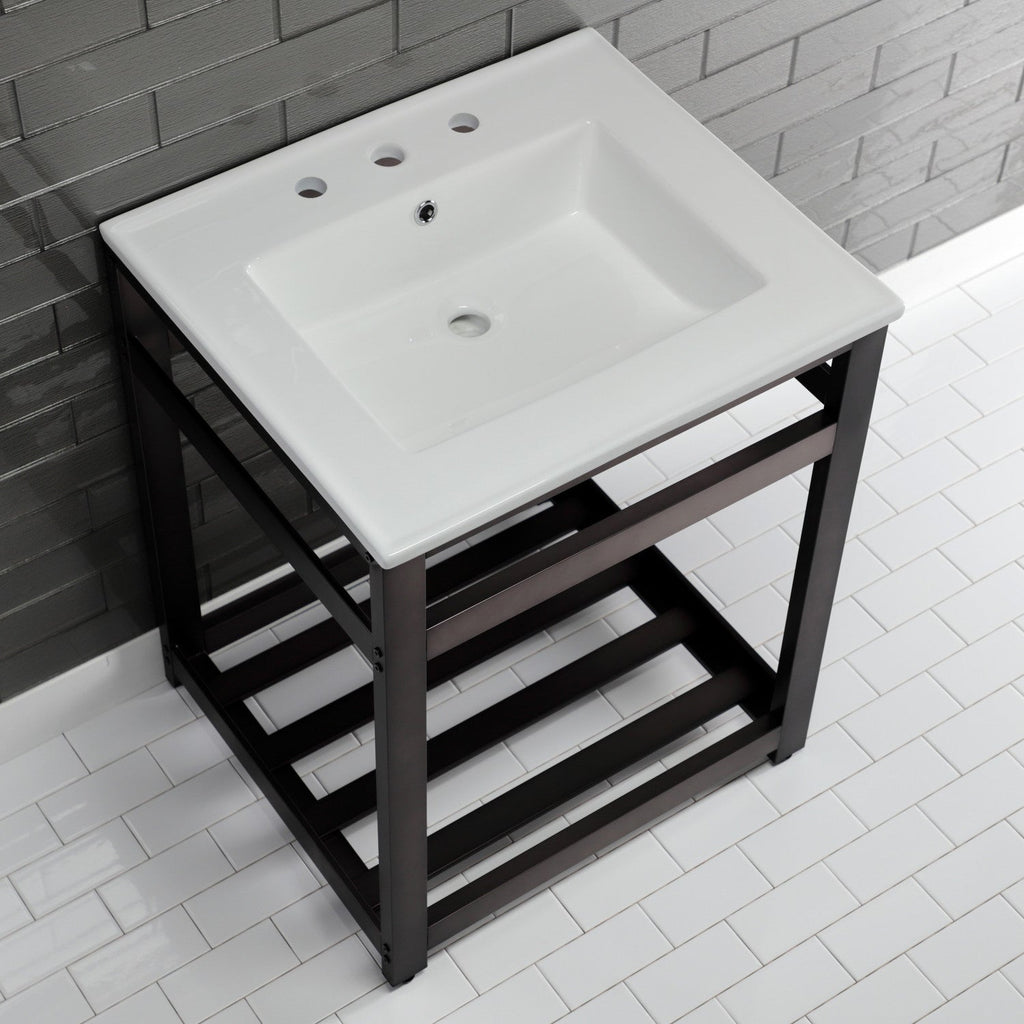 Quadras 25-Inch Ceramic Console Sink with Steel Base and Shelf (8-Inch, 3-Hole)