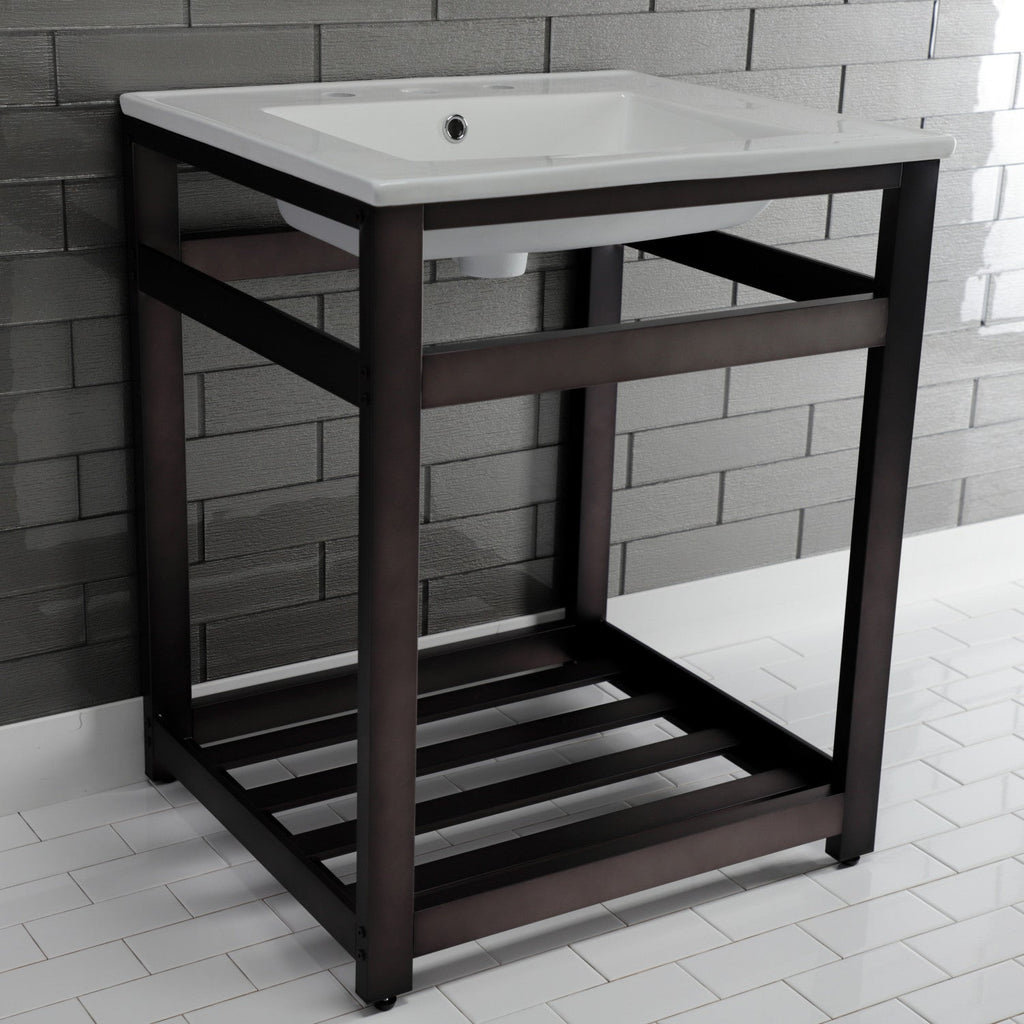 Quadras 25-Inch Ceramic Console Sink with Steel Base and Shelf (8-Inch, 3-Hole)