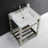 Quadras 25-Inch Ceramic Console Sink with Steel Base and Shelf (8-Inch, 3-Hole)