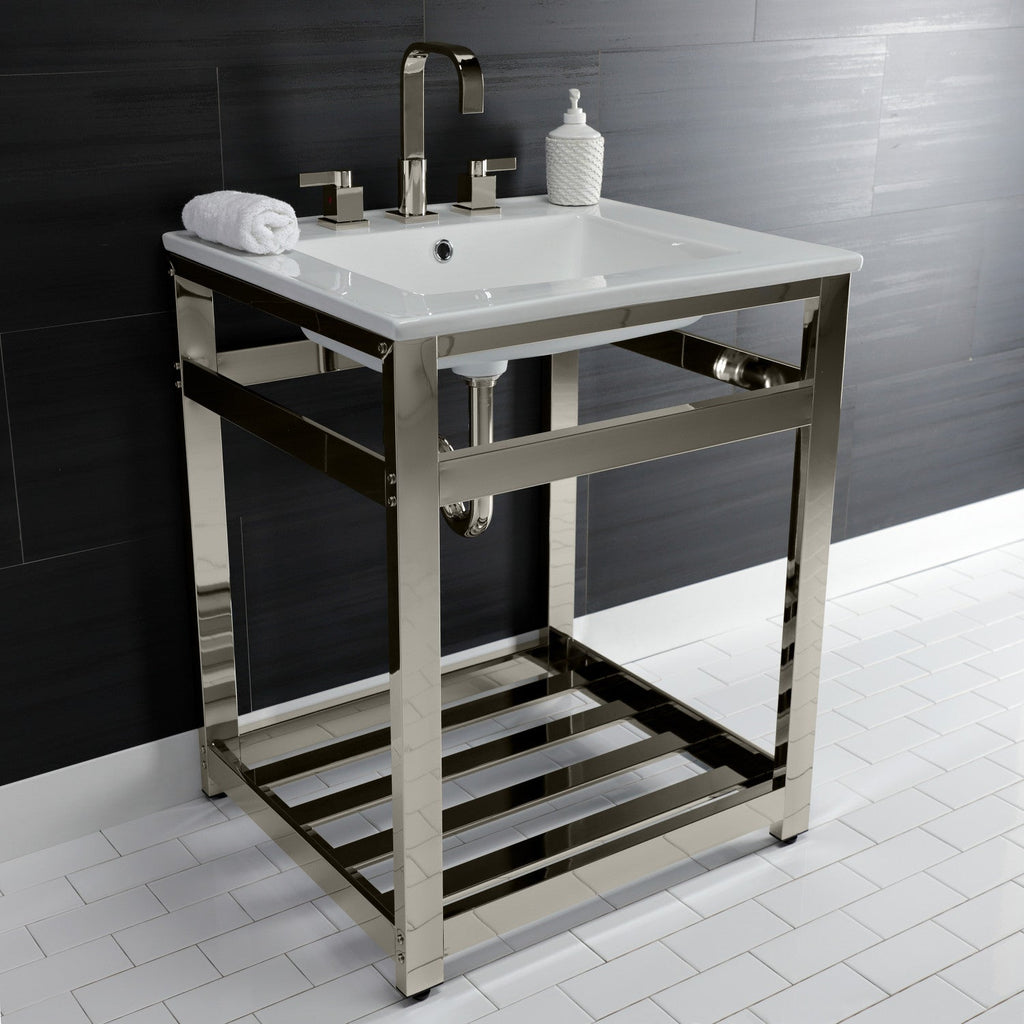 Quadras 25-Inch Ceramic Console Sink with Steel Base and Shelf (8-Inch, 3-Hole)
