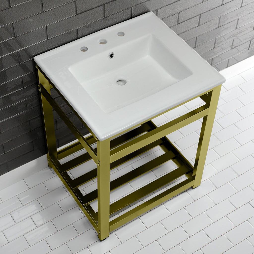 Quadras 25-Inch Ceramic Console Sink with Steel Base and Shelf (8-Inch, 3-Hole)