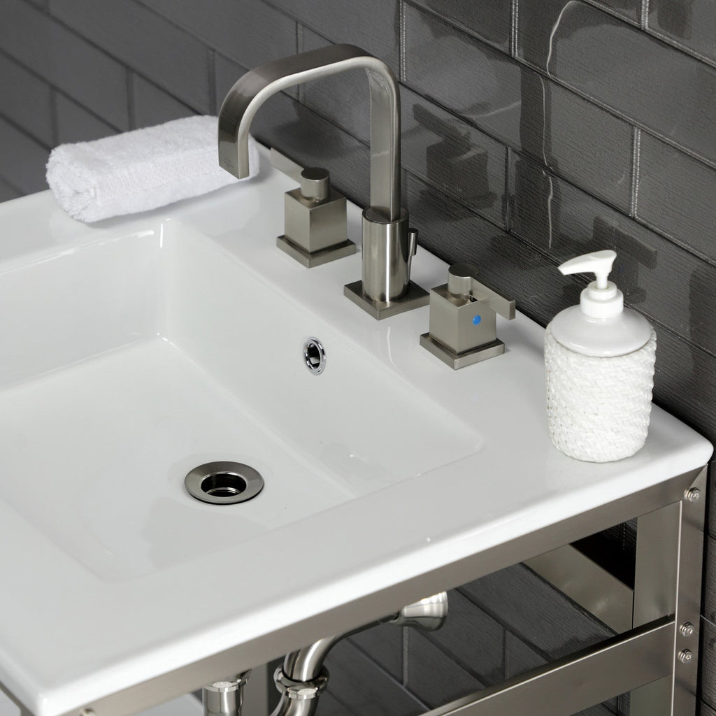 Quadras 25-Inch Ceramic Console Sink with Steel Base and Shelf (8-Inch, 3-Hole)