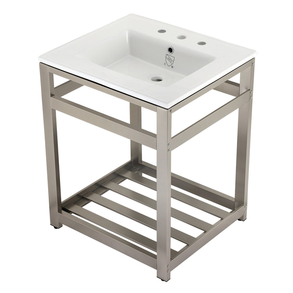 Quadras 25-Inch Ceramic Console Sink with Steel Base and Shelf (8-Inch, 3-Hole)