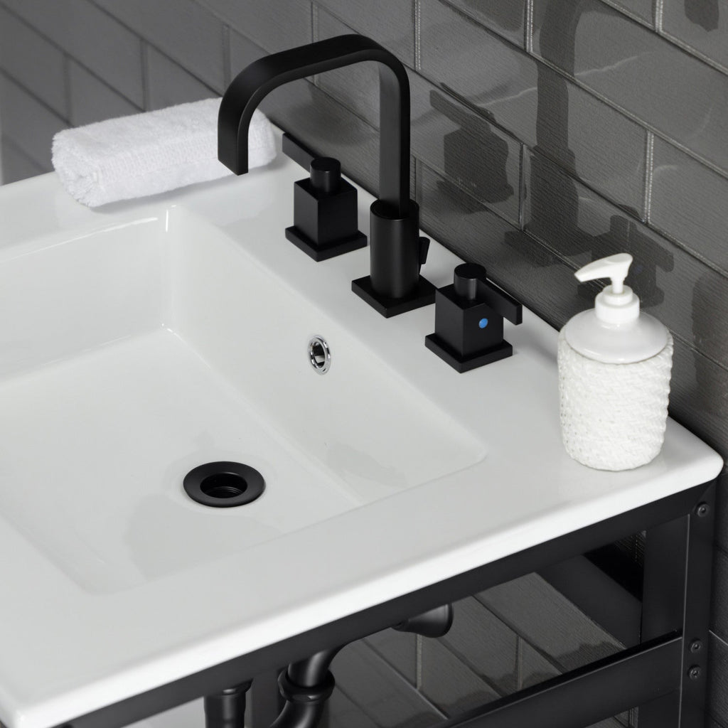 Quadras 25-Inch Ceramic Console Sink with Steel Base and Glass Shelf (8-Inch, 3-Hole)