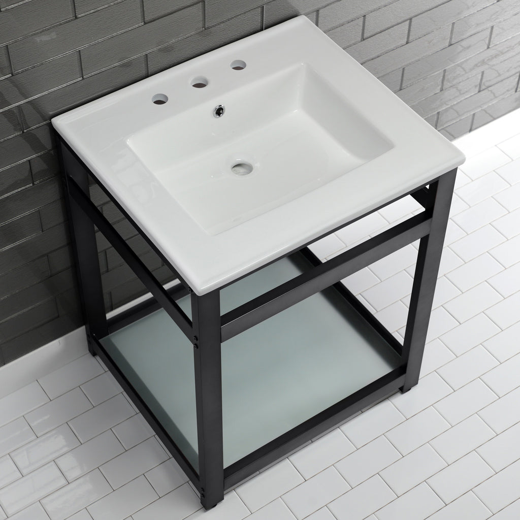 Quadras 25-Inch Ceramic Console Sink with Steel Base and Glass Shelf (8-Inch, 3-Hole)