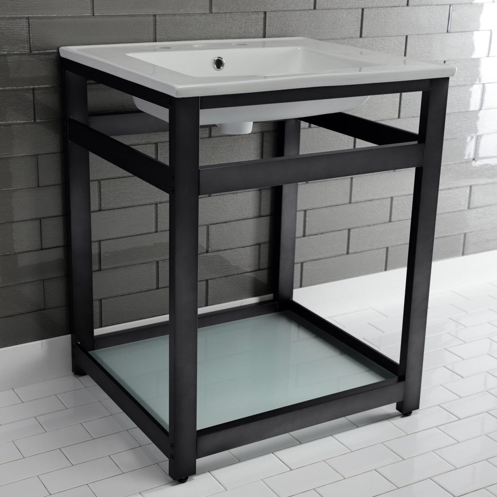 Quadras 25-Inch Ceramic Console Sink with Steel Base and Glass Shelf (8-Inch, 3-Hole)