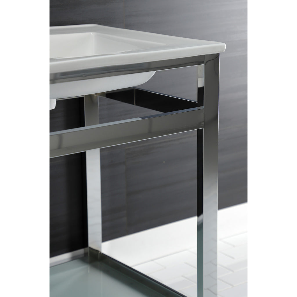 Quadras 25-Inch Ceramic Console Sink with Steel Base and Glass Shelf (8-Inch, 3-Hole)