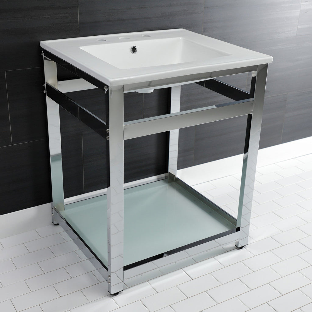 Quadras 25-Inch Ceramic Console Sink with Steel Base and Glass Shelf (8-Inch, 3-Hole)