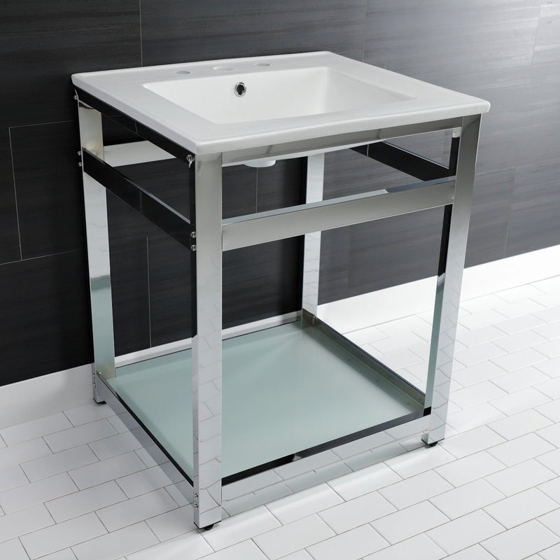 Quadras 25-Inch Ceramic Console Sink with Steel Base and Glass Shelf (8-Inch, 3-Hole)