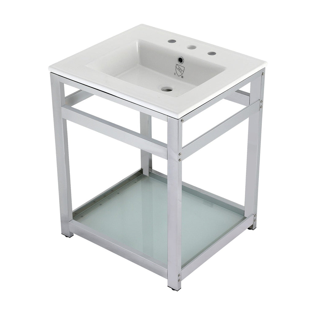 Quadras 25-Inch Ceramic Console Sink with Steel Base and Glass Shelf (8-Inch, 3-Hole)