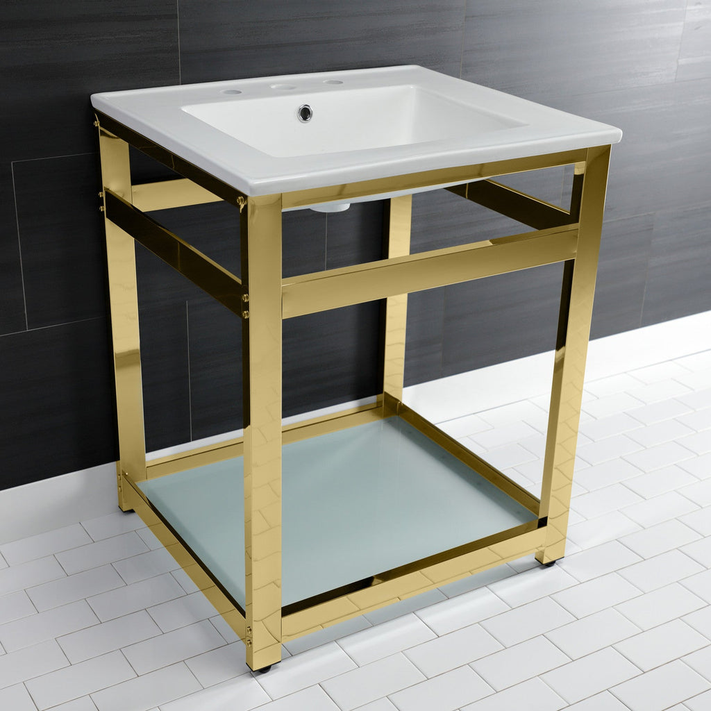 Quadras 25-Inch Ceramic Console Sink with Steel Base and Glass Shelf (8-Inch, 3-Hole)