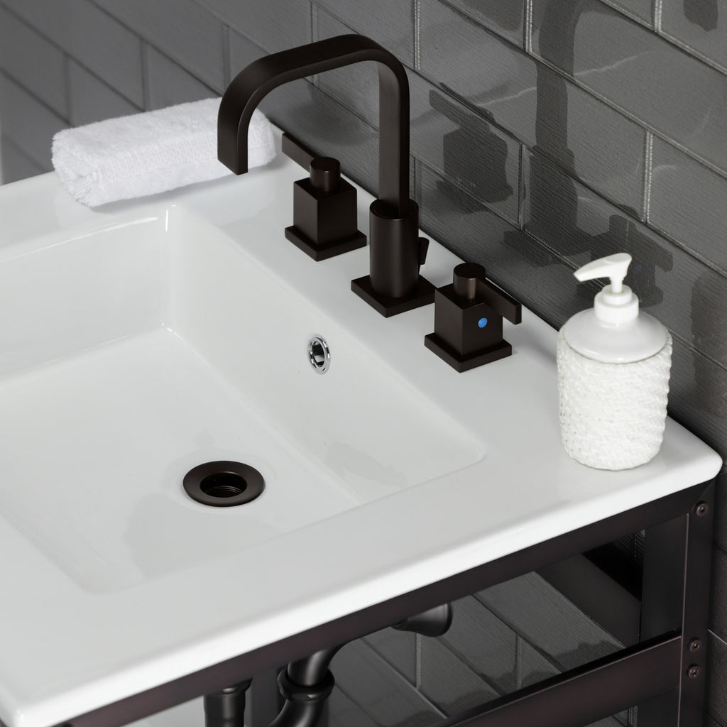 Quadras 25-Inch Ceramic Console Sink with Steel Base and Glass Shelf (8-Inch, 3-Hole)