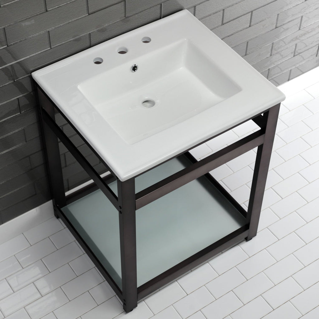 Quadras 25-Inch Ceramic Console Sink with Steel Base and Glass Shelf (8-Inch, 3-Hole)