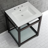 Quadras 25-Inch Ceramic Console Sink with Steel Base and Glass Shelf (8-Inch, 3-Hole)