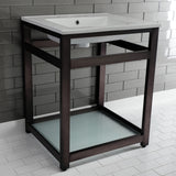 Quadras 25-Inch Ceramic Console Sink with Steel Base and Glass Shelf (8-Inch, 3-Hole)